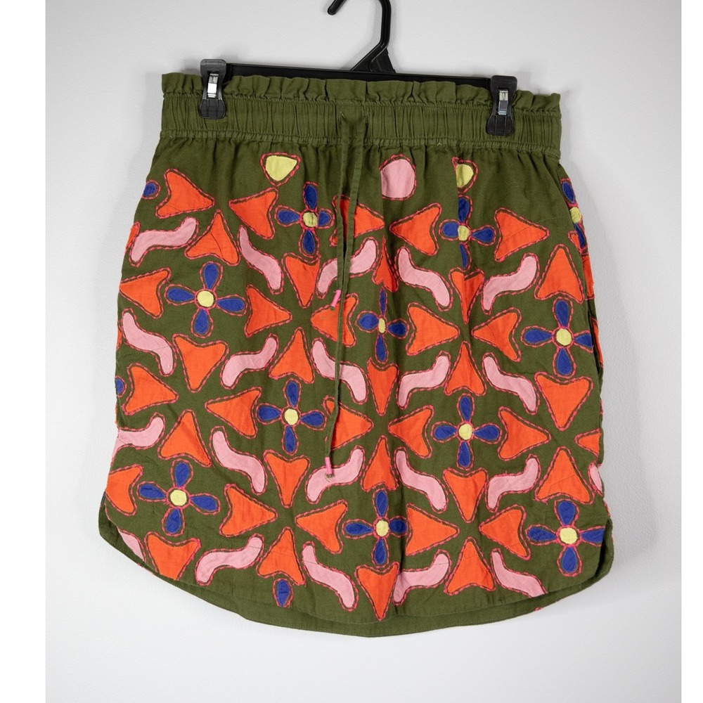 Maeve Anthropologie Mini Skirt Women Medium Green Embroidered Pattern Linen